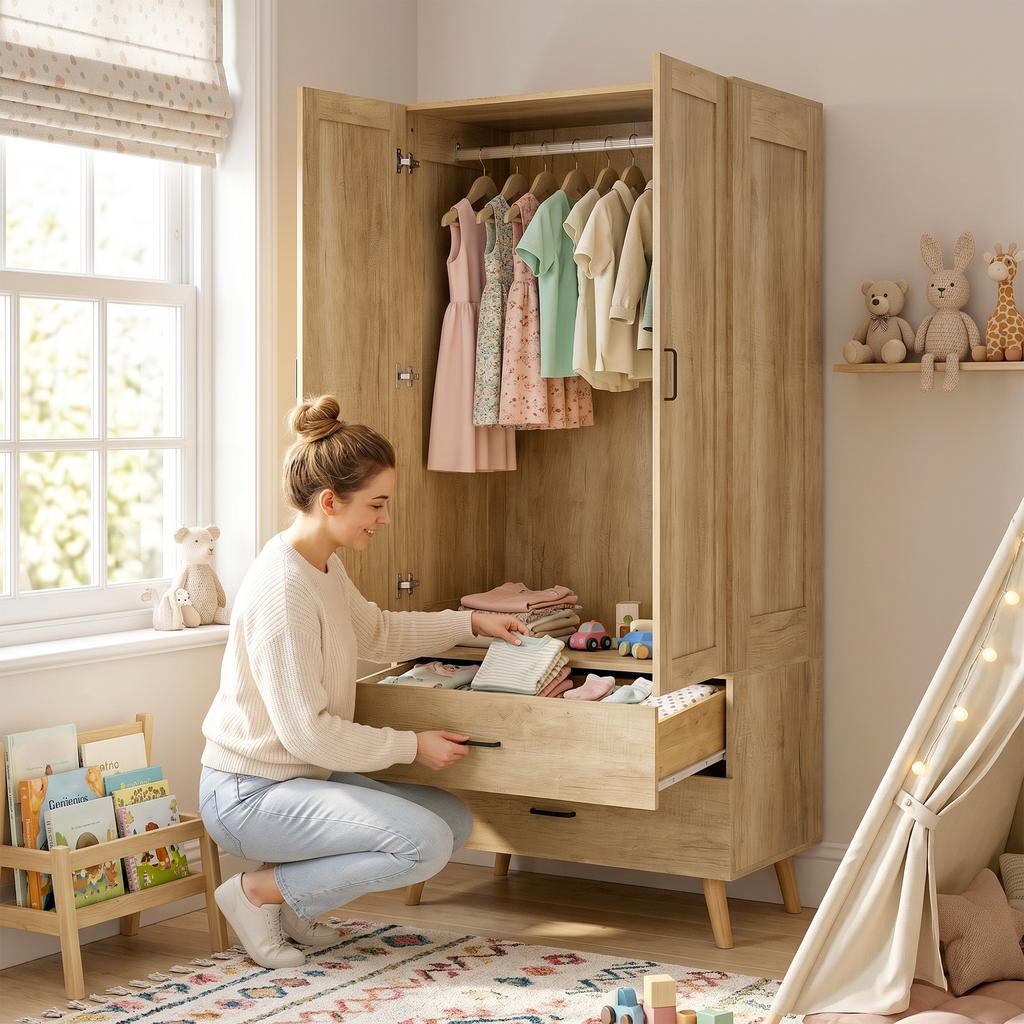 2 Door Wardrobe Modern Wardrobe With 2 Drawer And Hanging Rail For Bedroom Natural