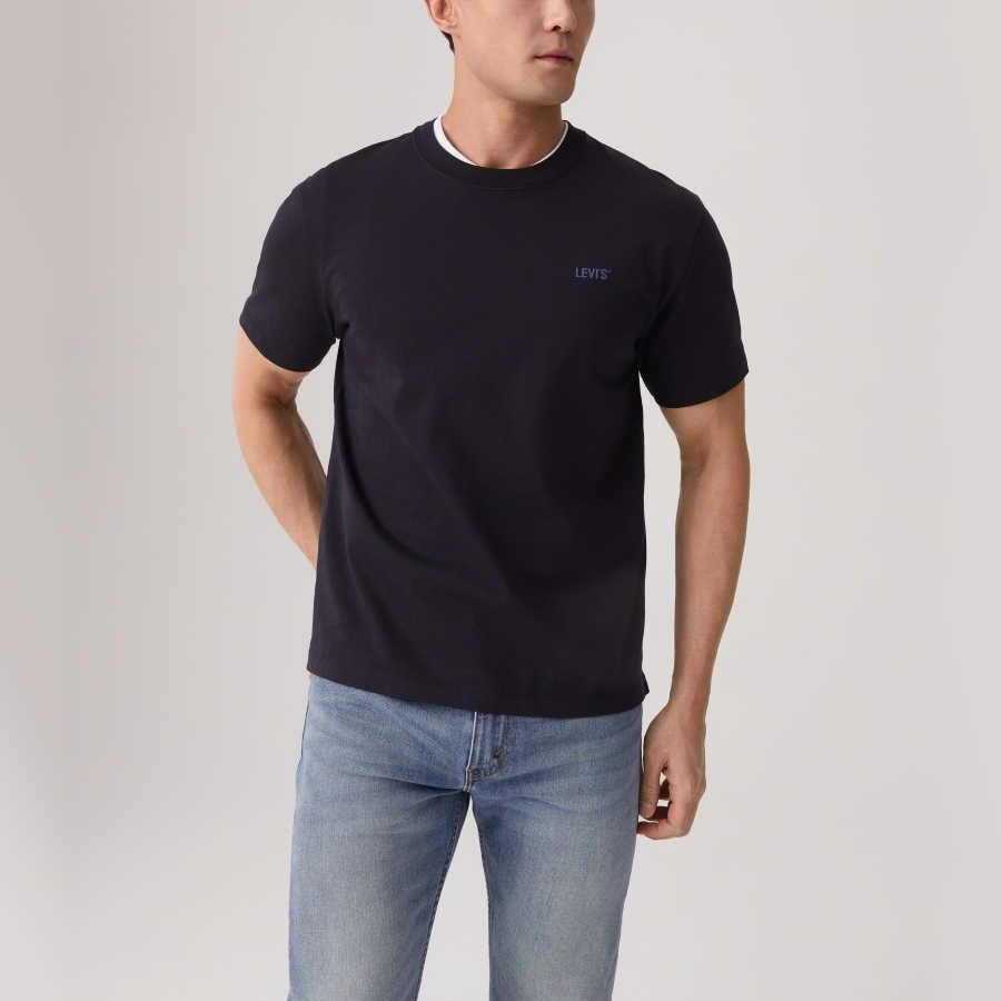 Levis SS25 Футболка мужская повседневная с логотипом, вышитым логотипом, круглым вырезом, рубчатой кромкой, разрезами по бокам, коротким рукавом, темно-синяя 003YV-0001