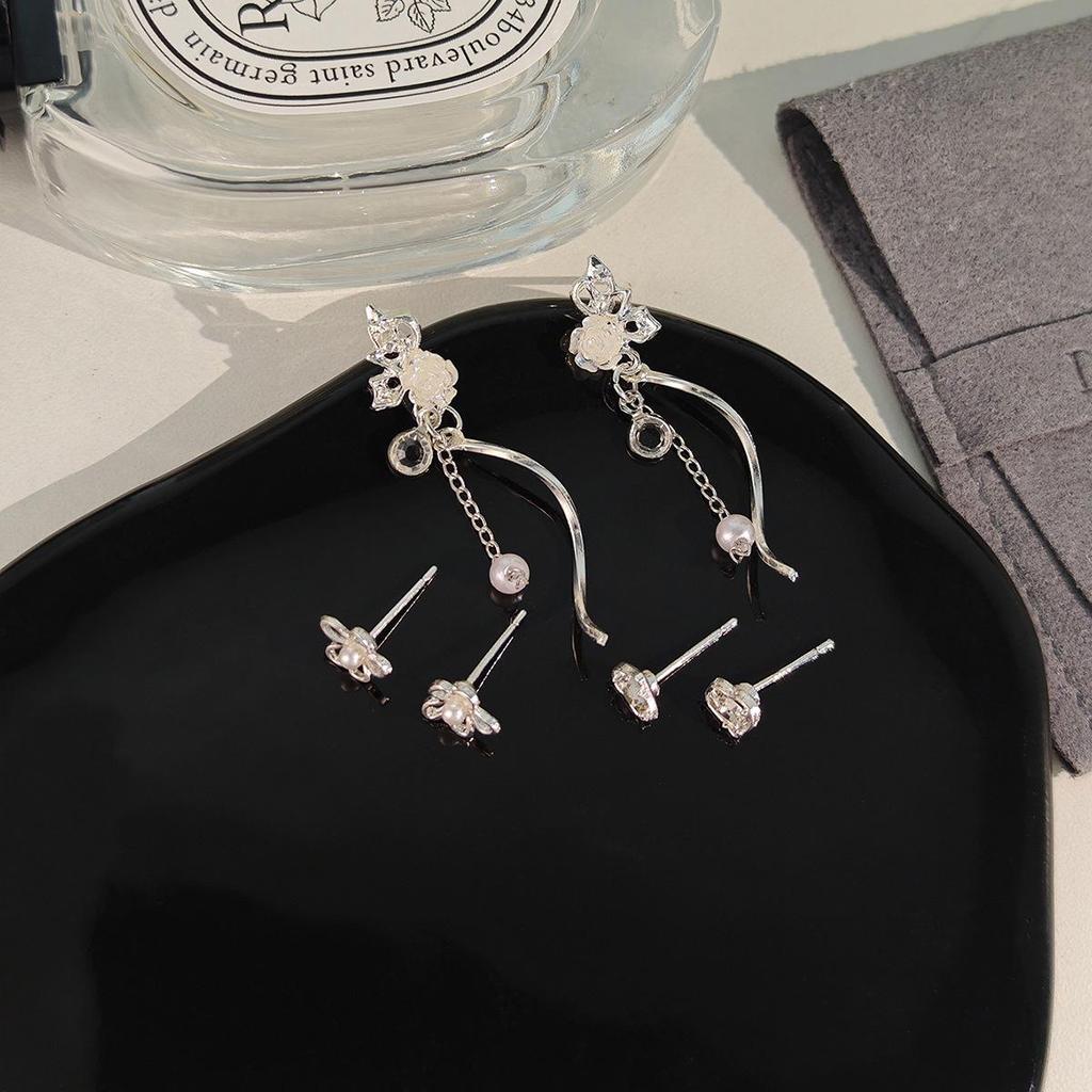 Серьги-кисточки «Сладкая роза и бабочка с жемчугом» из шести частей - Дизайн с подвесками на серебряных иглах