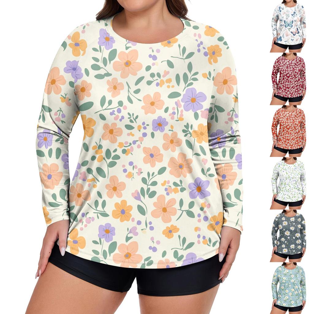 Women's Printed Large Size Long Sleeve Swimsuit Sun Jacket Quick Dry Hiking Top