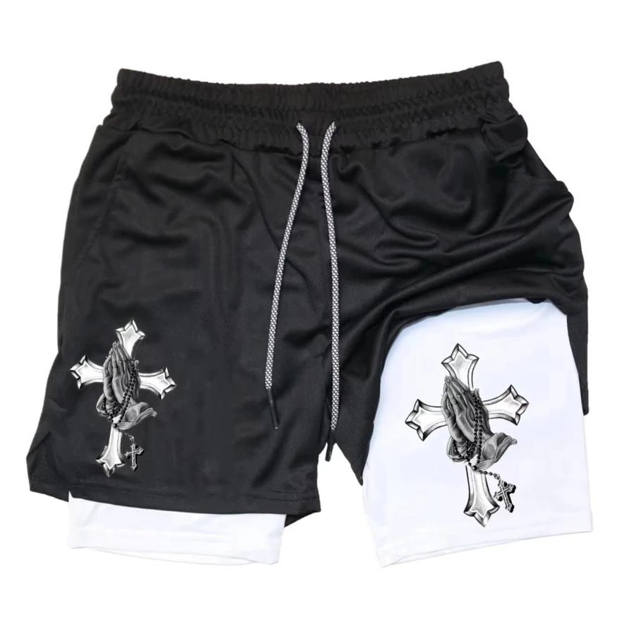 Muay Thai Kick Boxing MMA Shorts Cross Christian Pray God Men Women Unisex Double Layer Quick Dry Breathable Training Sport Gym Fitness Workout