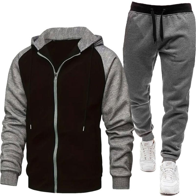 Men's Fashion Color Blocked Coat Long Sleeve Casual Sports Set Men's Top Pants