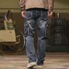 Мужские джинсы широкого кроя с множеством карманов для работы — свободные, износостойкие, эластичные, большого размера, на осень/зиму 2024 г.