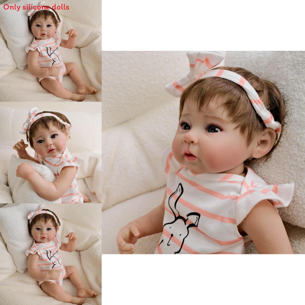 19inch Silicone Reborn Baby Doll With Striped Headband And Rabbit Print Clothing Decorationfor Collectors And Gift Givers