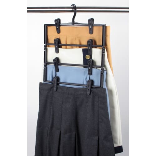 Sawafuji Clothes Hanger, 4 Tiers, Black, 300mm Wide, Set of 2, with Clips, Non-Slip, Non-Marking, Space-Saving, for Clothes Drying, Slacks, Jeans, Clo