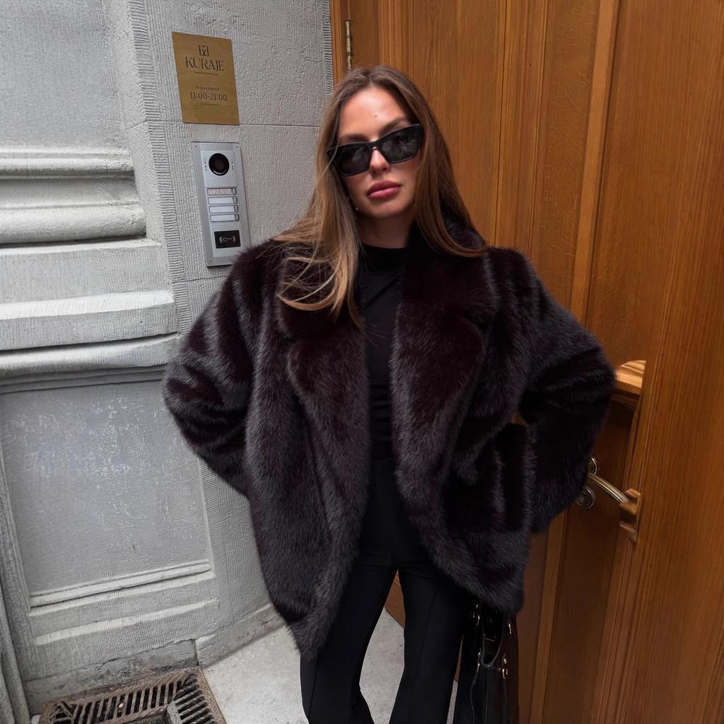 Women's Lapel Collar Long Sleeve Faux Fur Jacket Loose Casual Dark Brown Winter Coat