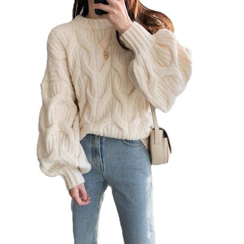 Women's Autumn/Winter Lantern Sleeve Cable Knit Sweater - Loose, Round Neck, Twisted Stitch Pullover.