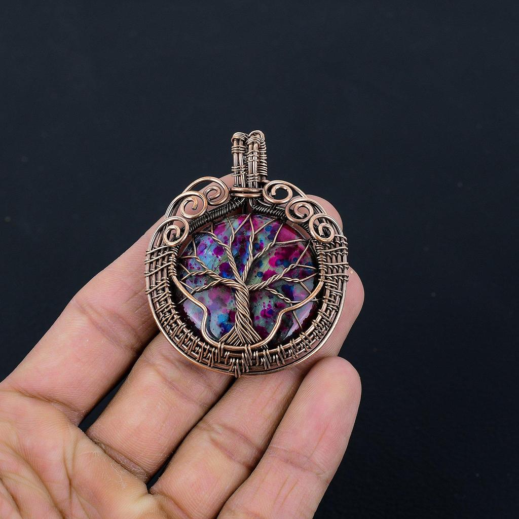 Кулон Древо Жизни с мультиогненным лабрадоритом, ювелирное изделие из драгоценного камня, кулон, обернутый медной проволокой 999 пробы, подарок для женщин, кулон ручной работы
