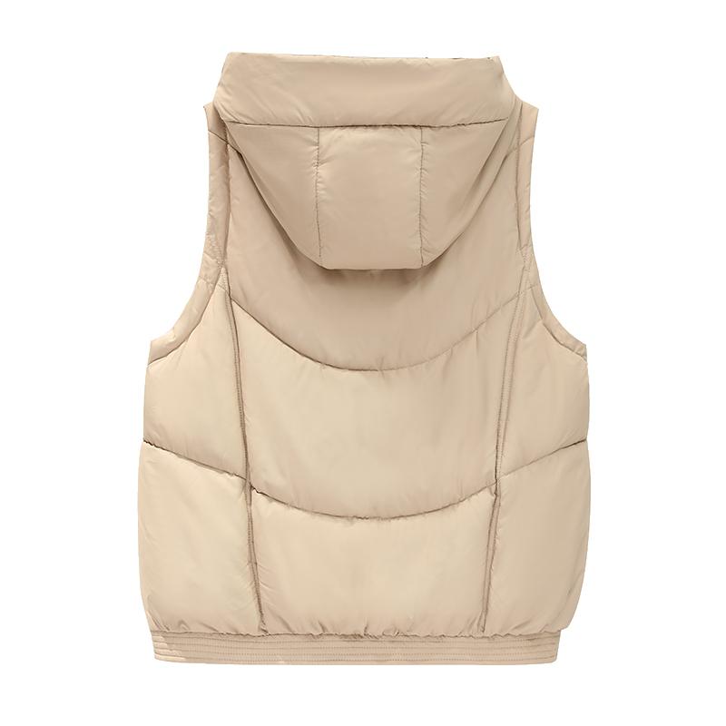 Women Autumn Winter Hooded Collar Sleeveless Solid Color Drawstring Warm Coat Vest