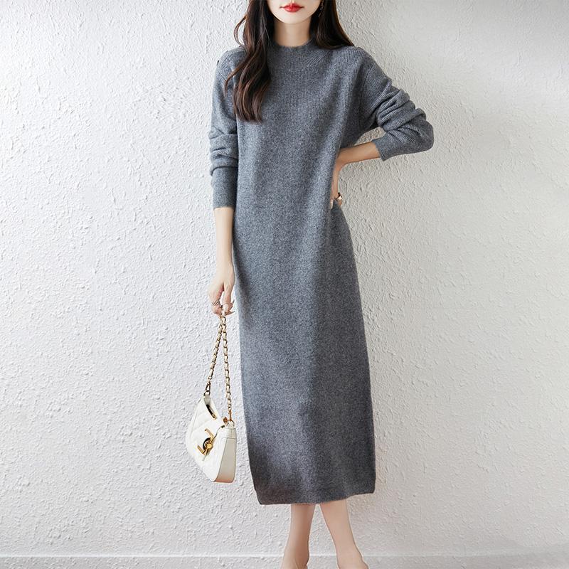 Women Sweater Dress 100% Wool TIDENOVEL O-neck Knit Long Pullover Winter Jumpers Wool Long Dress Female