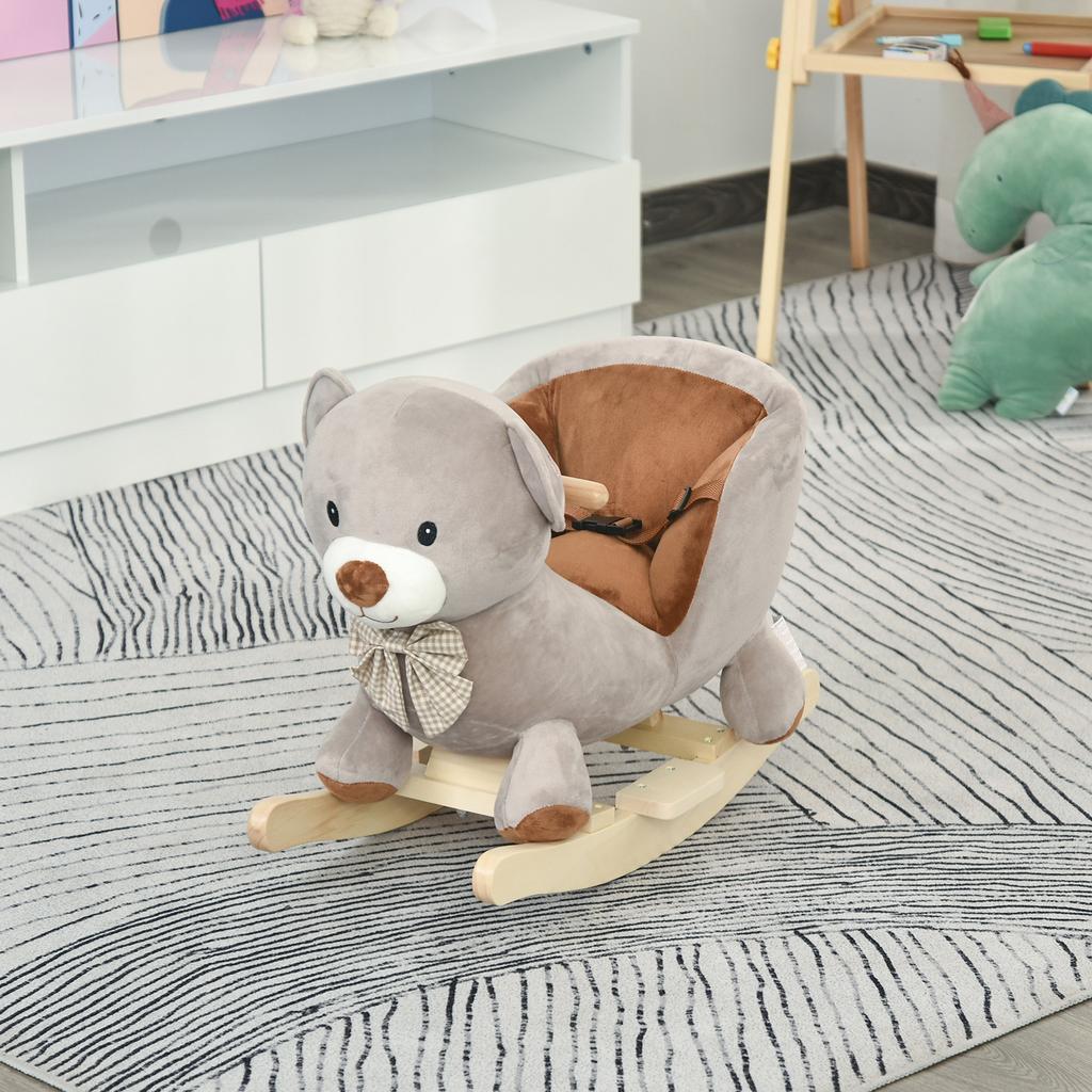 Kids Children Rocking Horse Plush Ride On Bear Seat w/ Sound Wood Base Seat Safety Belt Toddler Baby Toy for 18-36 Months Grey