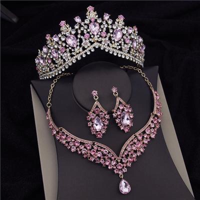 Великолепные розовые хрустальные тиары, свадебные комплекты ювелирных изделий для женщин, модные серьги-короны, корейское свадебное ожерелье, комплекты ювелирных изделий из Дубая