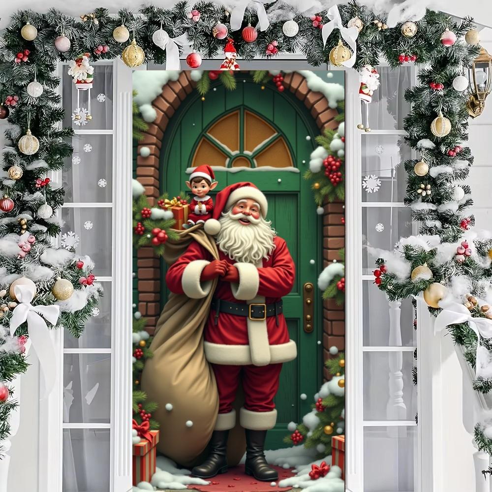 Vivid Santa Claus Send Gift Christmas Door Cover 35.43*72.83inch Banner Front Door Decoration 2025 Christmas Home Party Supplies