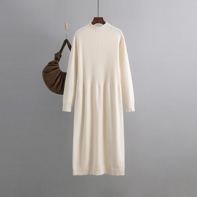 Осенне-зимнее полувысокое шерстяное платье с длинным рукавом и длинными рукавами длиной до колена трикотажное платье большого размера