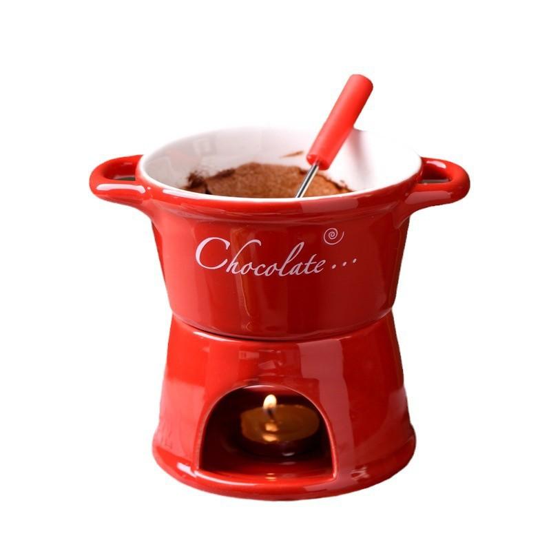 European Style Swiss Ice Cream Cheese Cheese Chocolate Melting Furnace Red Ceramic Atmosphere Hot Pot Cup with Fork White