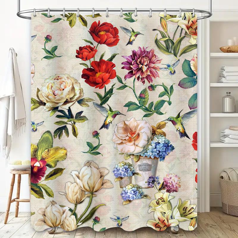 Vintage Floral Shower Curtain with Hummingbirds Watercolor Print Bathroom Decor for Home Decoration