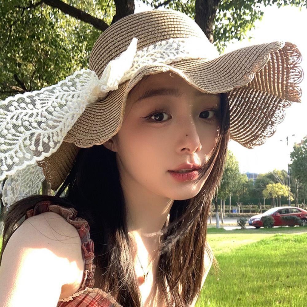 Весенне-летняя пляжная соломенная шляпа во французском стиле, женская шляпа от солнца, элегантная соломенная шляпа с кружевным бантом для отдыха на открытом воздухе