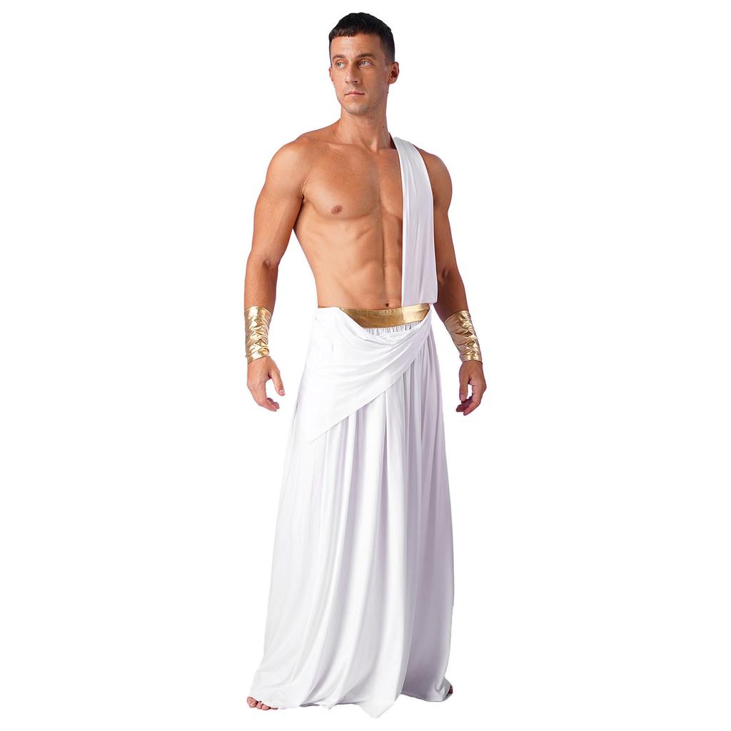 Mens Ancient Greek Cosplay Costume Long Skirt Wristbands One Shoulder Strap Roman Toga Halloween Warrior Gown