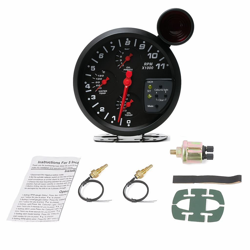 12V 5" Car Gauge 4-in-1 Tachometer Water Temperature Oil Temperature Oil Pressure Gauges Multifunctional Gauge Alarm Function