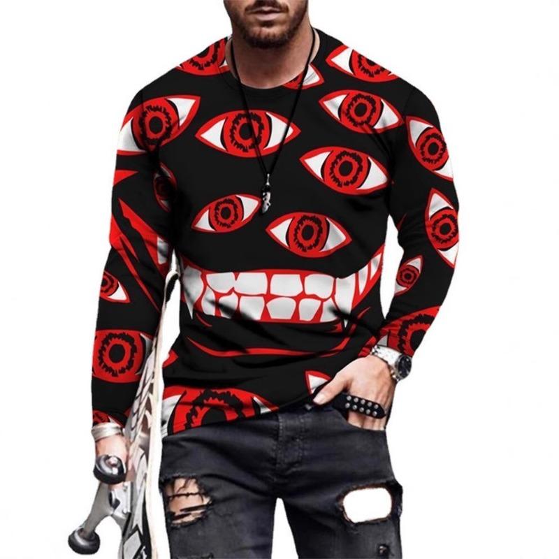 Spring and Autumn New Men's 3D Digital Printed Checkered Floral Long Sleeve Round Neck Minimally Casual T-shirt