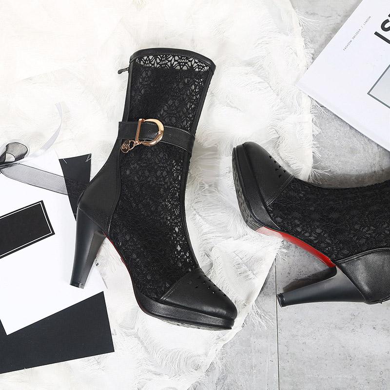 Q/женские короткие сапоги на высоком каблуке, сексуальная водонепроницаемая платформа, большие классные ботинки на тонком каблуке с полыми отверстиями