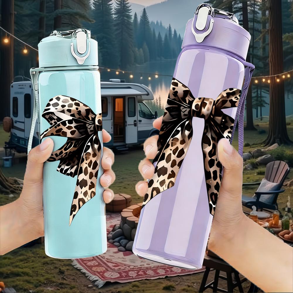 1PC Leopard Print Large Bow Graphic,750ml Color Plastic Sports Water Bottle,Leakproof Flip Straw Lid,Suitable for Sports Office Home Use