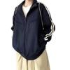 Womens Oversized Cotton Hooded Stand Collar Track Jacket 2025 Casual Sporty Sweatshirt With 3-Stripe Design