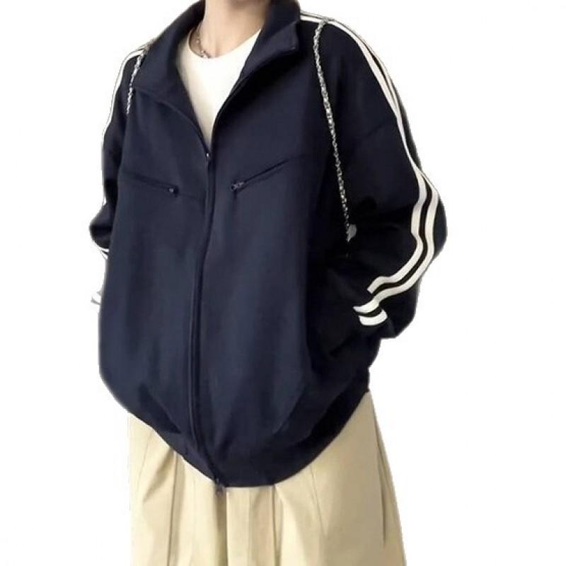 Womens Oversized Cotton Hooded Stand Collar Track Jacket 2025 Casual Sporty Sweatshirt With 3-Stripe Design