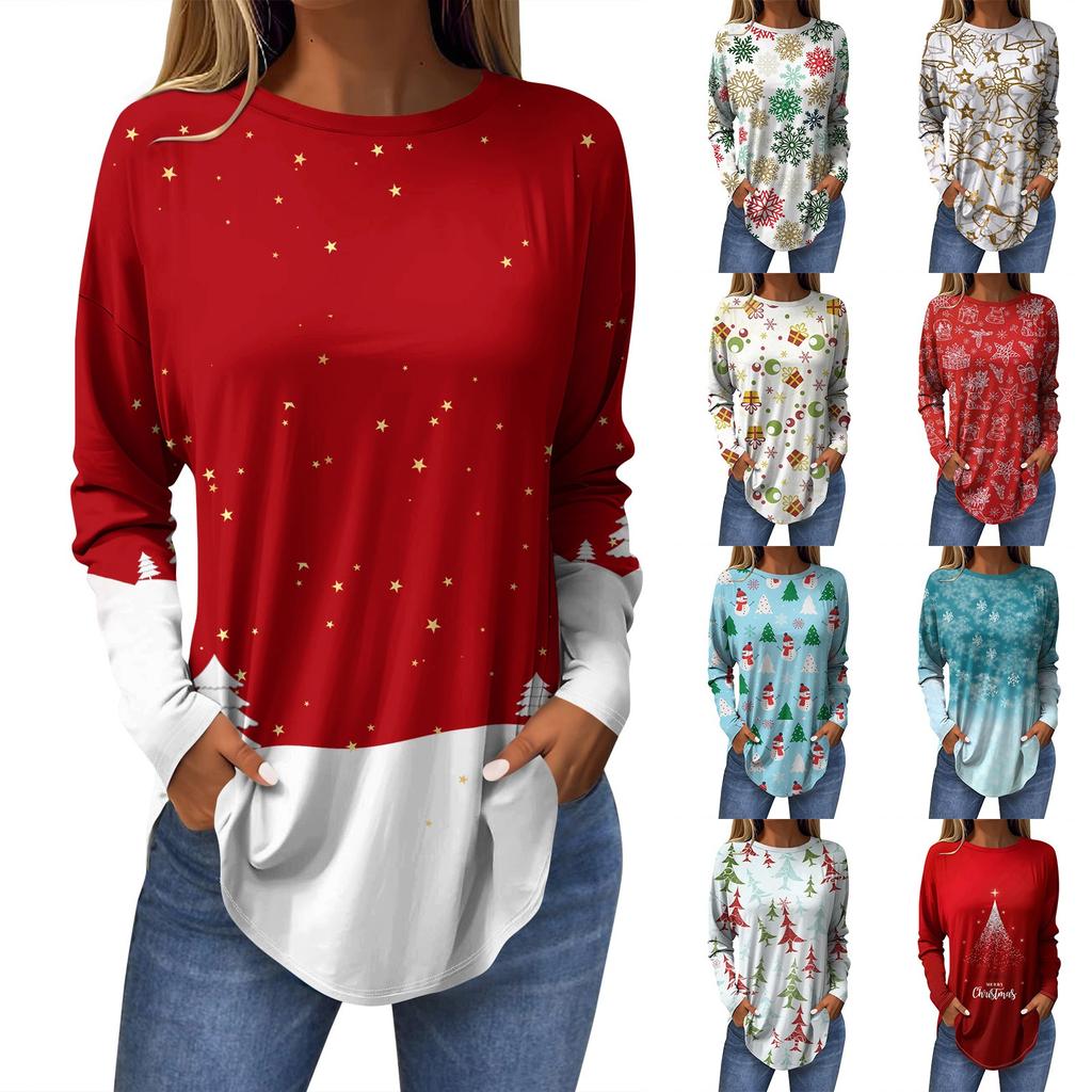 Женская модная повседневная футболка с круглым вырезом и длинным рукавом с рождественским принтом