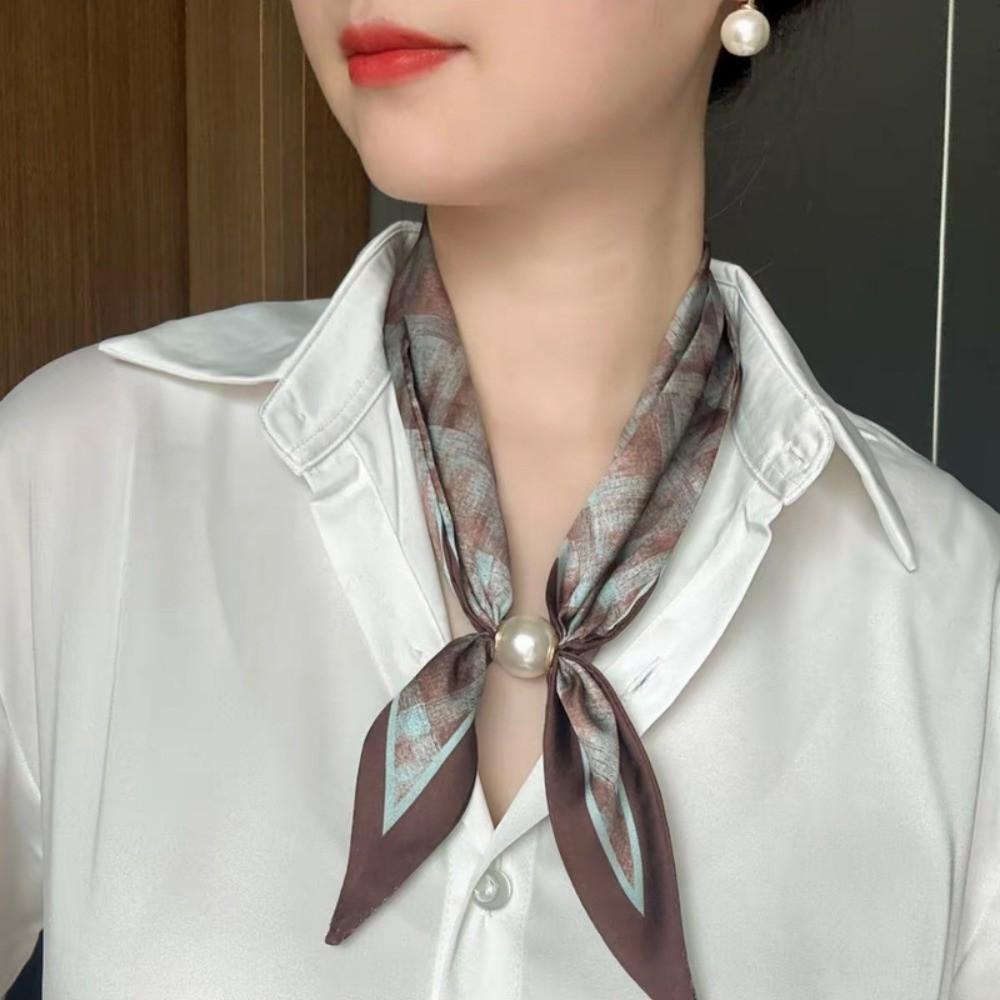 No Tie Silk Scarf Magnetic Pearl Buckle Women Neckerchief Sun Protection Satin Neck Scarf  Summer