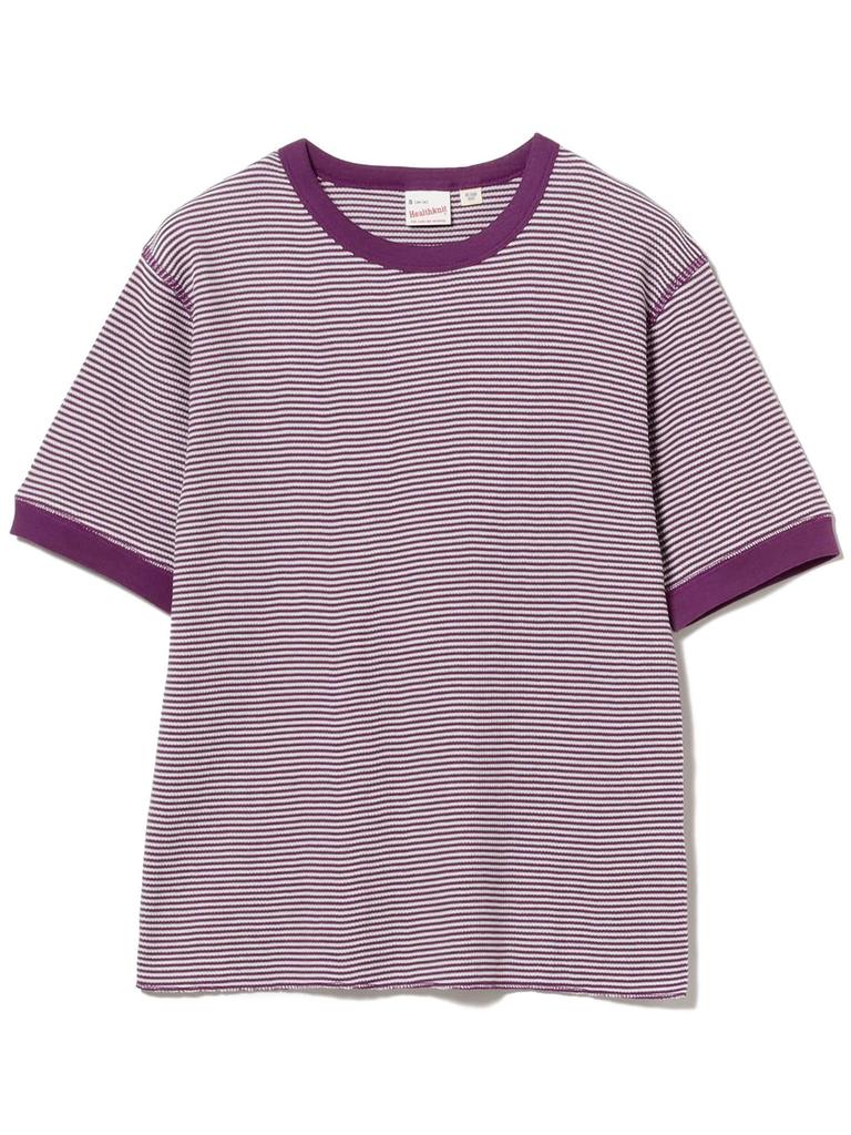 Beams Boy S/S TEE [Special Order] Healthknit Waffle Striped T-Shirt, Women's, Purple/Off-White