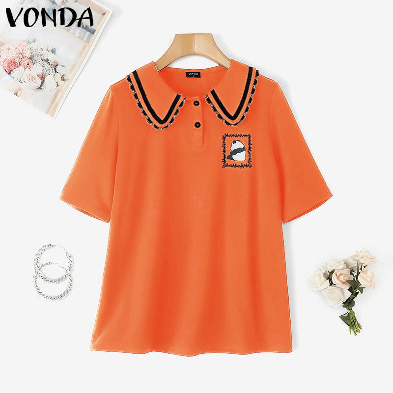 VONDA Women Doll Collar Short Sleeve Stitching Print College Style Blouse