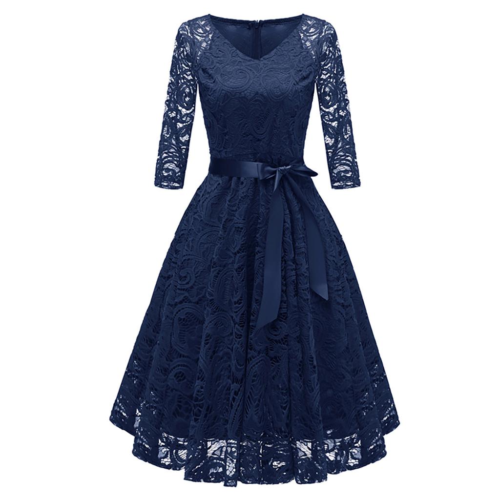 Women's Fashion Vintage V-Neck Long Sleeve Lace Retro Slim Evening Dress