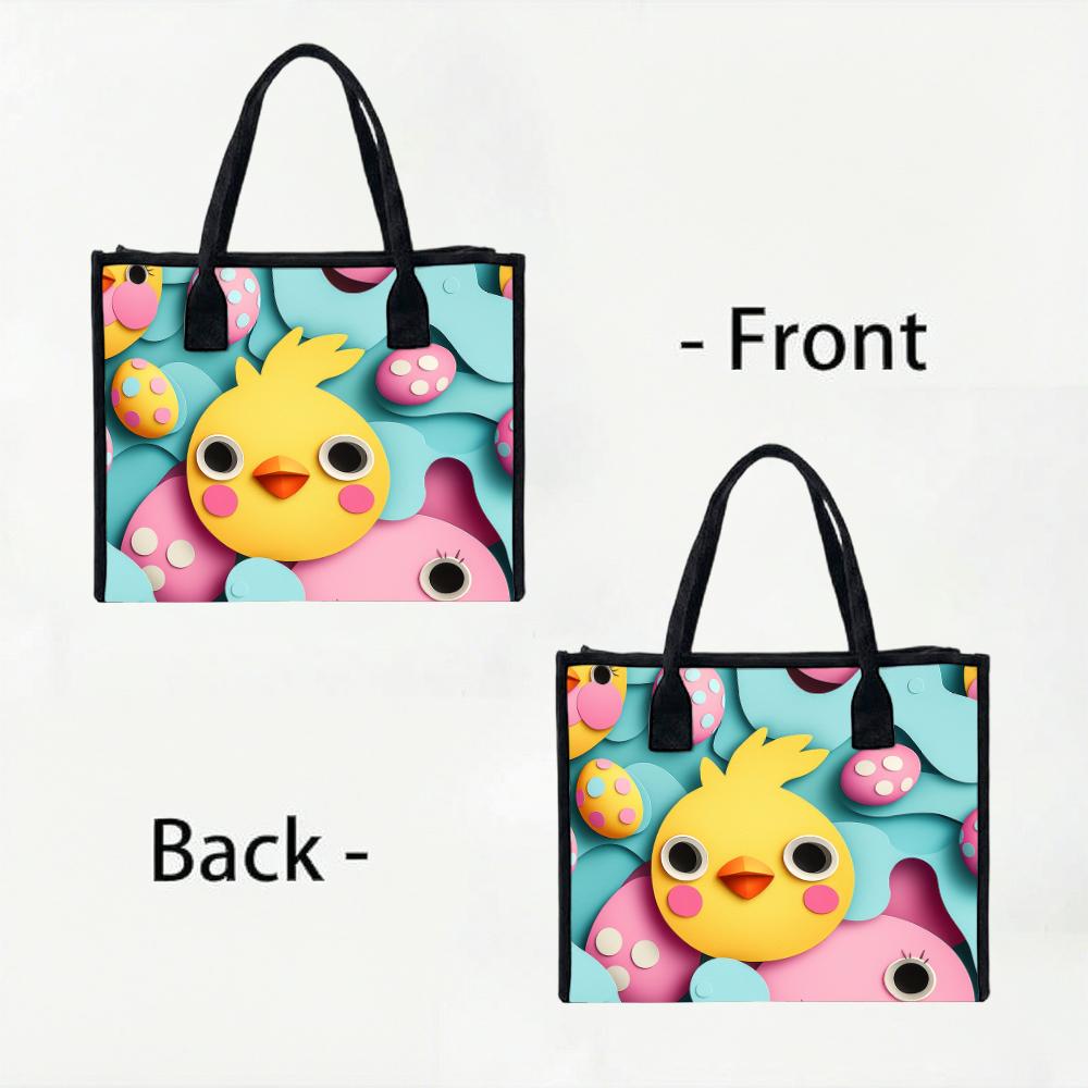 Cute Cartoon Chick Printed Tote Bag Casual Large Capacity Reusable Daily Handbag for Outdoor Shopping