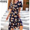 Women's Fashion Summer Spring Flower Pattern Print Short Sleeve V-Neck High Waist Casual Dresses