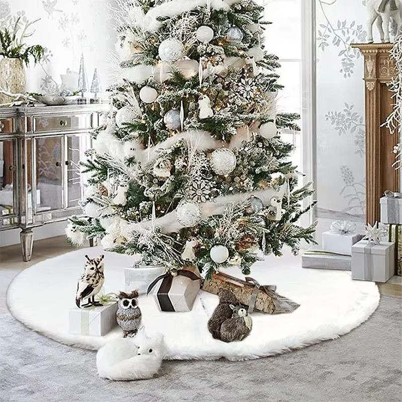 Christmas Tree Skirt, White Faux Fur Plush Mat with Gold Snowflake, Xmas Tree Base Apron, Navidad Noel Home New Year Decor