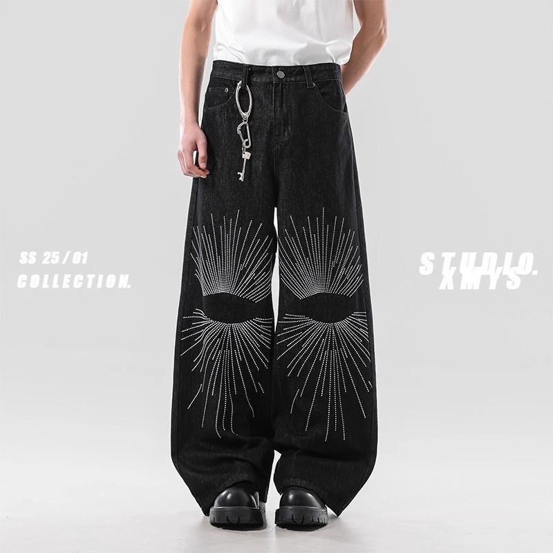Stylish Embroidered Flared Denim Jeans Men Women Relaxed Fit Wide Leg Straight Cut Casual Pants