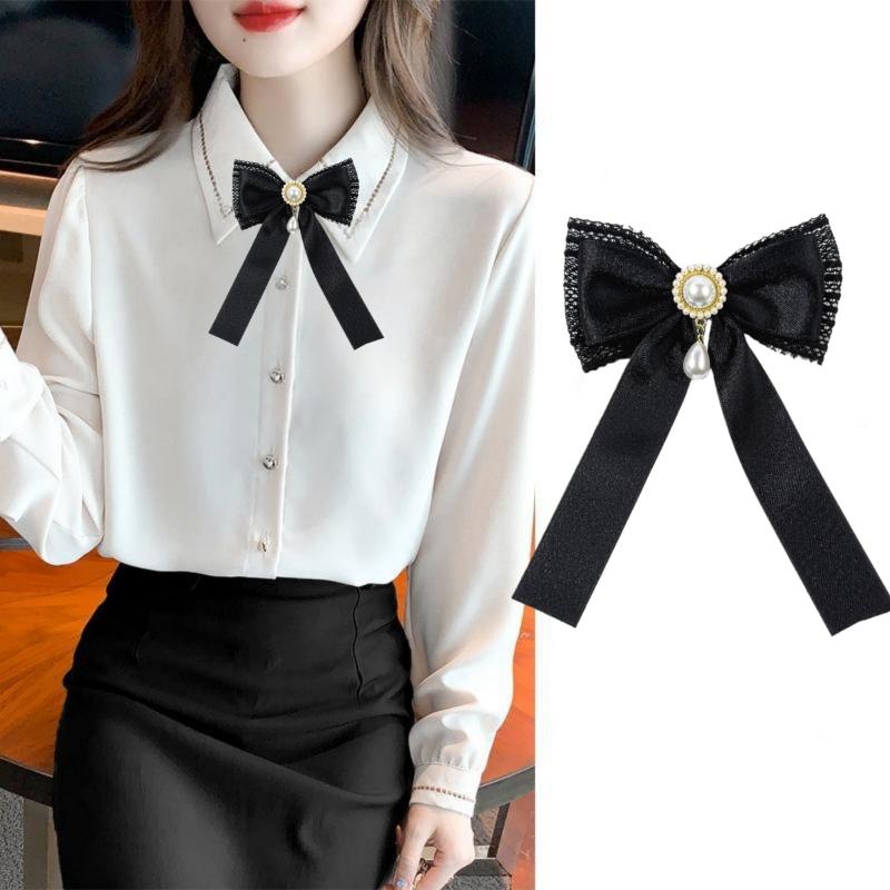 Черная кружевная атласная лента жемчужная брошь-бант галстук в стиле колледжа женская булавка на воротник рубашки украшение для одежды аксессуары