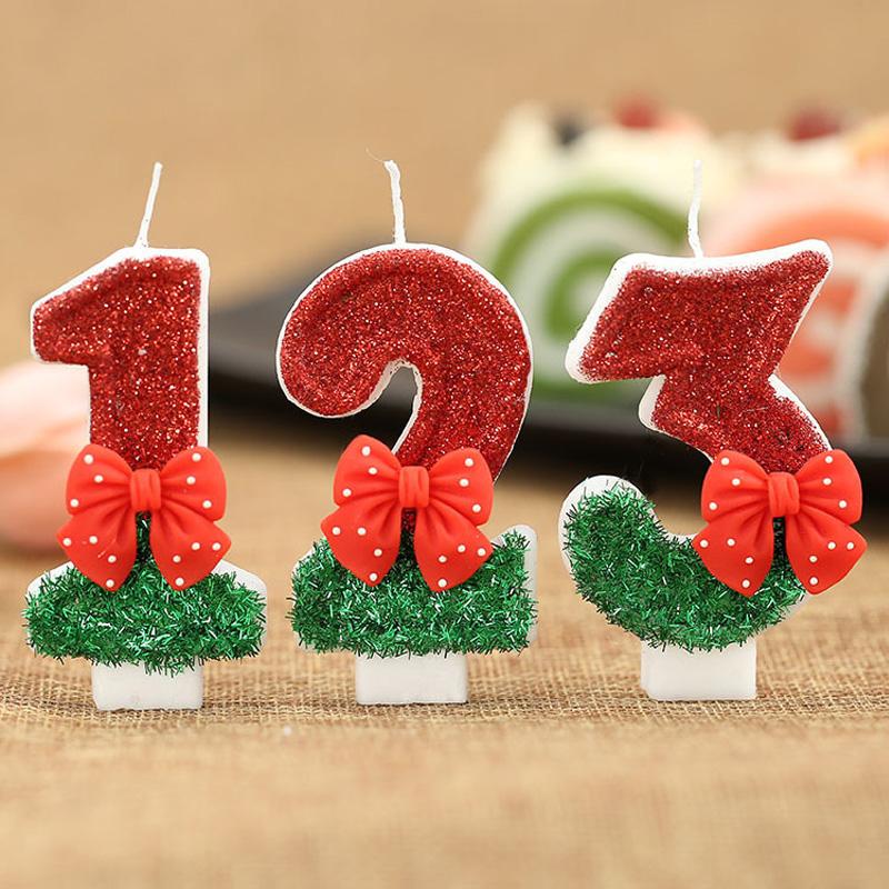 1PC Fashion Party Supplies 0-9 Number Cake Decor Red Bow Birthday Candles Christmas Theme