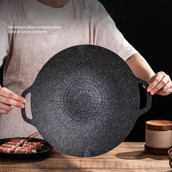 Yousheng Korean BBQ Grill Pan Non-stick Round Baking Pan for Indoor Cooking Barbecue Tray with Handles Cast Iron Frying Pan for Home Camping