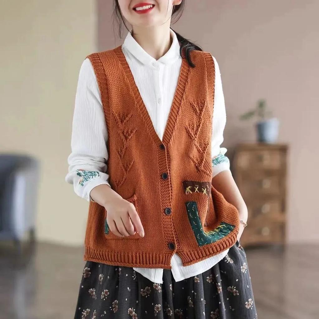 Женский вязаный жилет-кардиган из хлопка с цветочным накладным карманом, свободный и утягивающий, осенний повседневный с V-образным вырезом, без рукавов