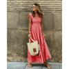 Women's Summer Retro Long Dress Spaghetti Strap Square Neck Plaid Maxi Dress Loose Big Swing Elegant Dress