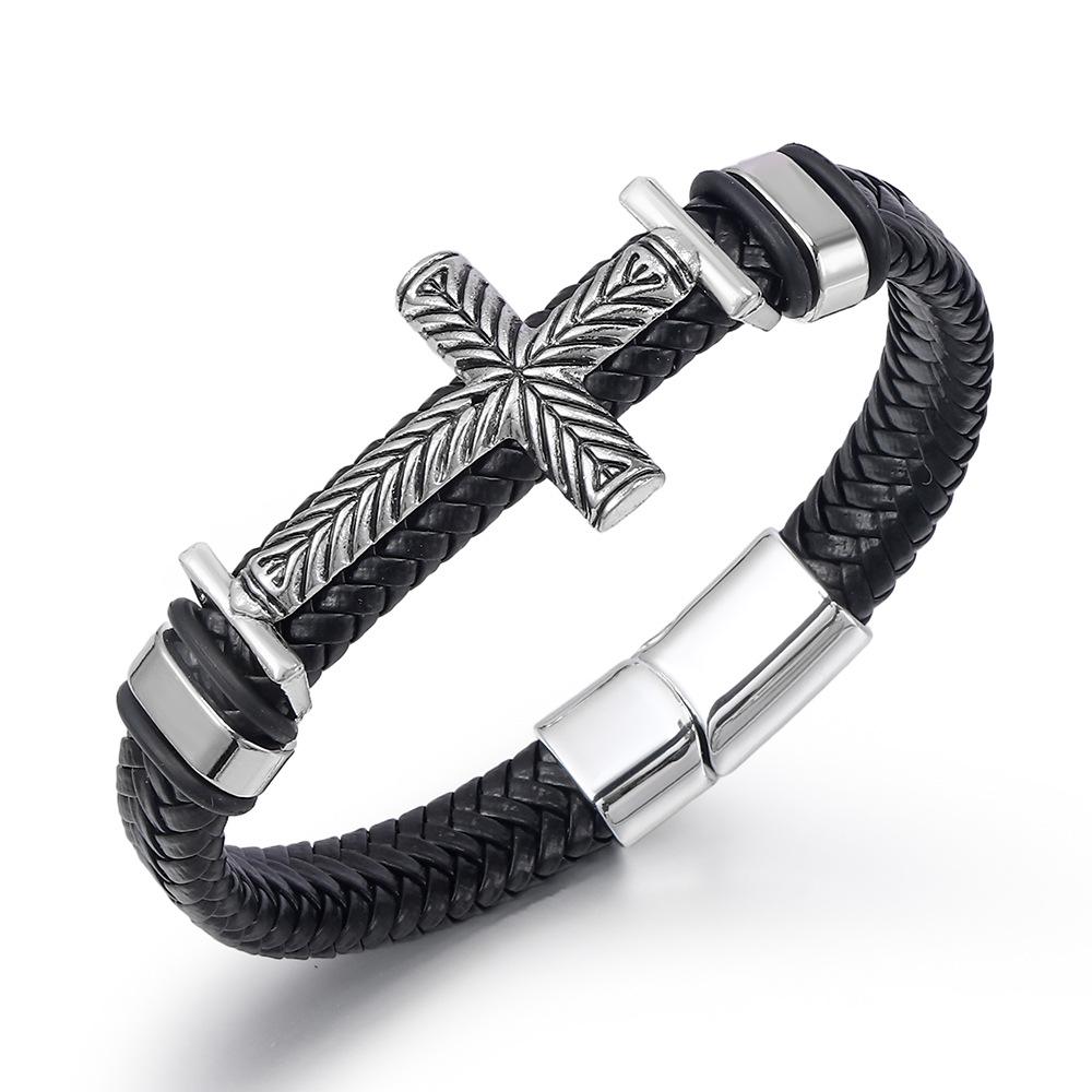 Vintage Alloy Cross Men's Braided Leather Bracelet Handwoven Cowhide Wristband Fashion Creative Jewelry Adjustable Size