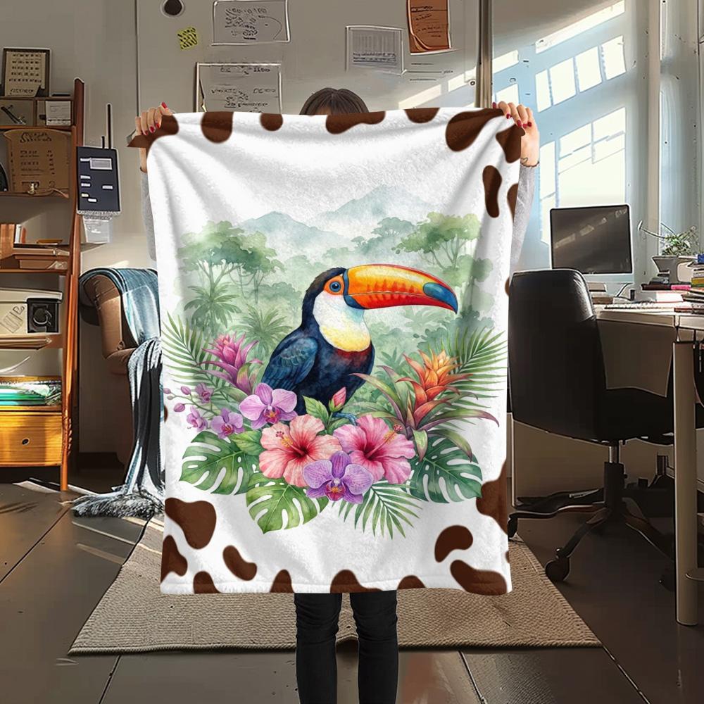 1PC Cartoon Toucan Decor Print FlAannel Blanket, High quality Comfortable for All Seasons, Home Decor, Warmth and Comfort