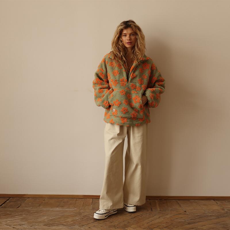 Флисовая толстовка женская с цветочным принтом, теплая, из овечьего флиса, со стойкой воротником, на молнии, свободная, мягкая, пуловер, осень/зима 2025