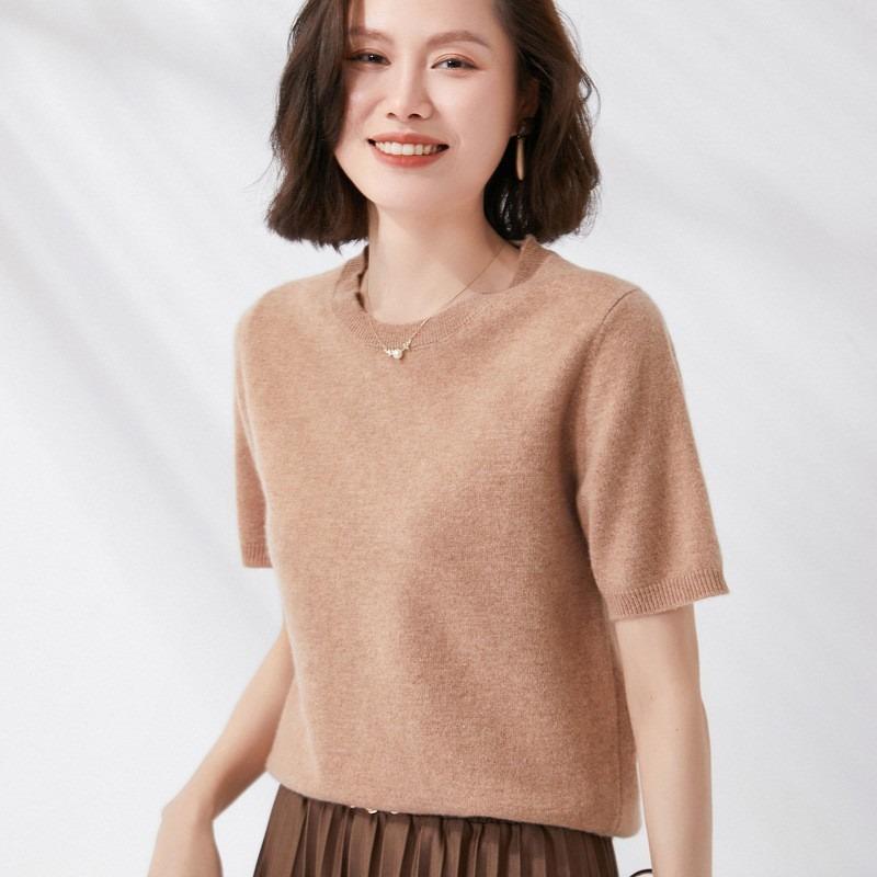 Весенне-осенняя женская футболка, трикотажная рубашка, пуловер с короткими рукавами и круглым вырезом, трикотажная нижняя рубашка, свитер с половиной рукавов