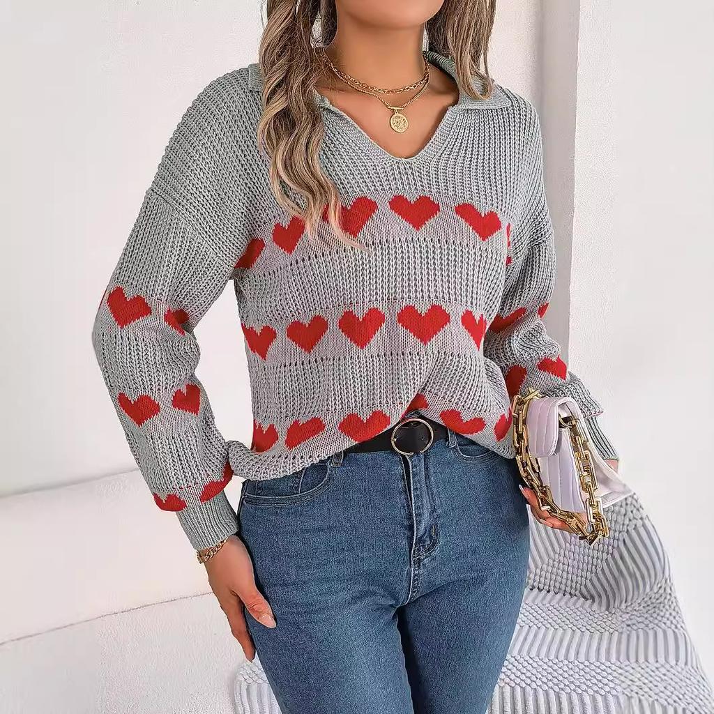 Women's Autumn and Winter Casual Lantern Sleeve Color Collision Heart Pullover Sweater