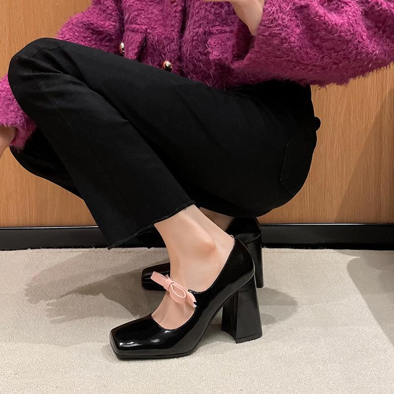 Туфли-бабочки Mary Janes Vintage, женские, черные, нескользящие, повседневные, на высоком каблуке, офисные, однотонные, элегантные, корейские, лето 2024 г.