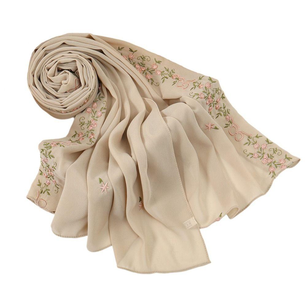 Floral Embroidery Ramadan Hijab Scarf Chiffon Material Summer Femme Shawl Daily Events