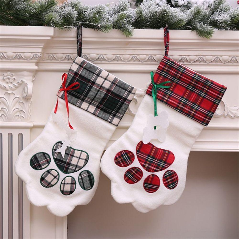 Christmas DIY Craft Paw Shaped Plaid Hanging Christmas Stockings Ornaments Pet Supplies Decoration
